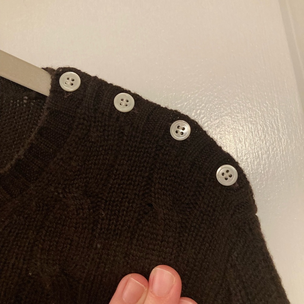 J. Crew Dark Brown Sweater with Button detail on one shoulder.